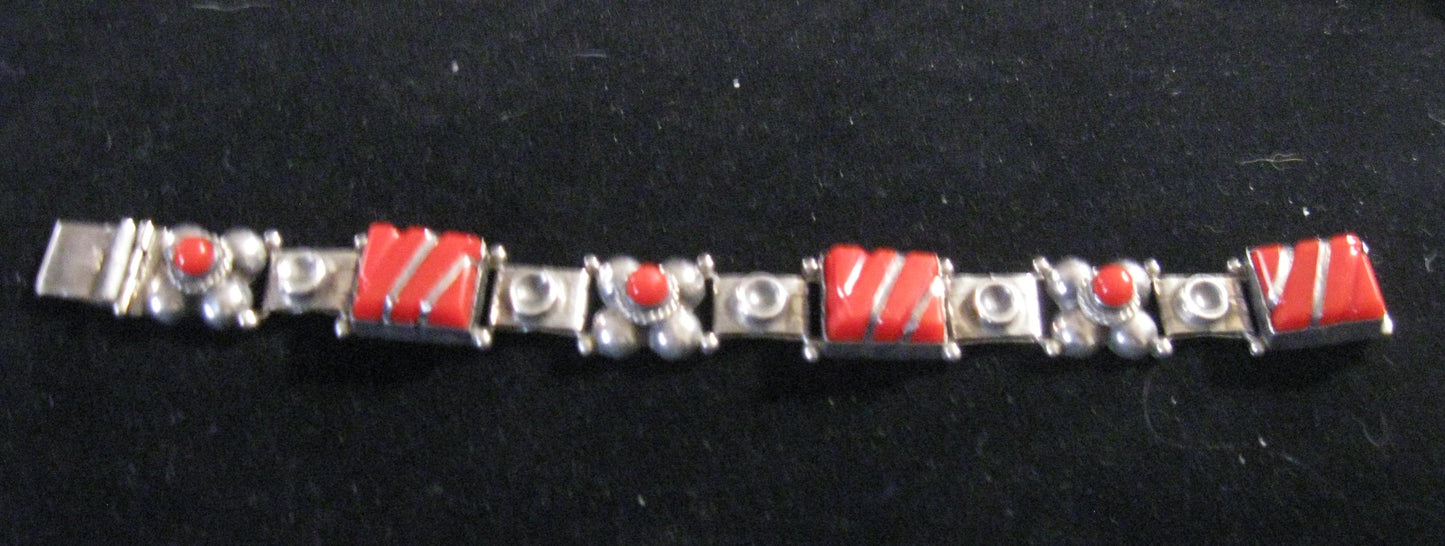 Vintage 1940's Red Coral & Sterling Panel Bracelet