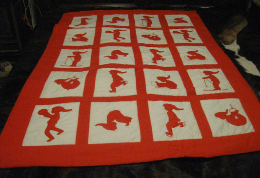 HAND STITCHED QUILT RED AND WHITE BOY SPORTS THEMED
