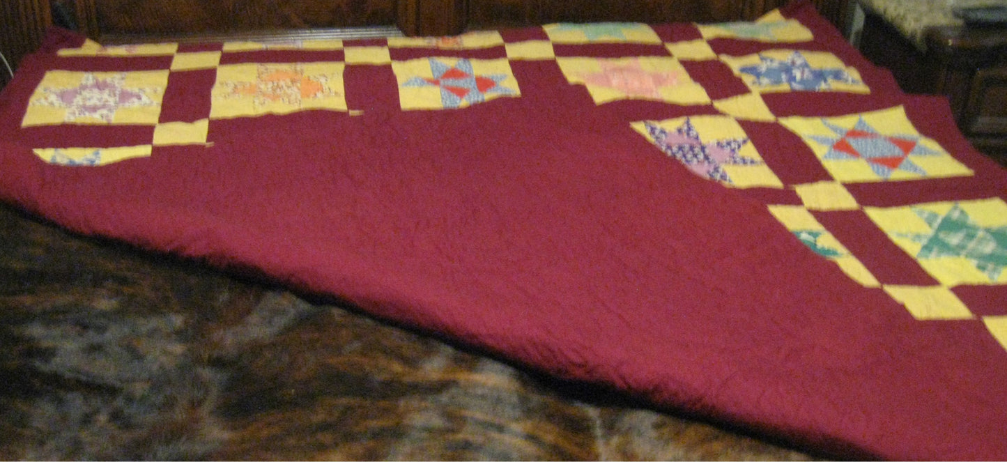 HAND STITCHED QUILT- RED AND YELLOW STAR