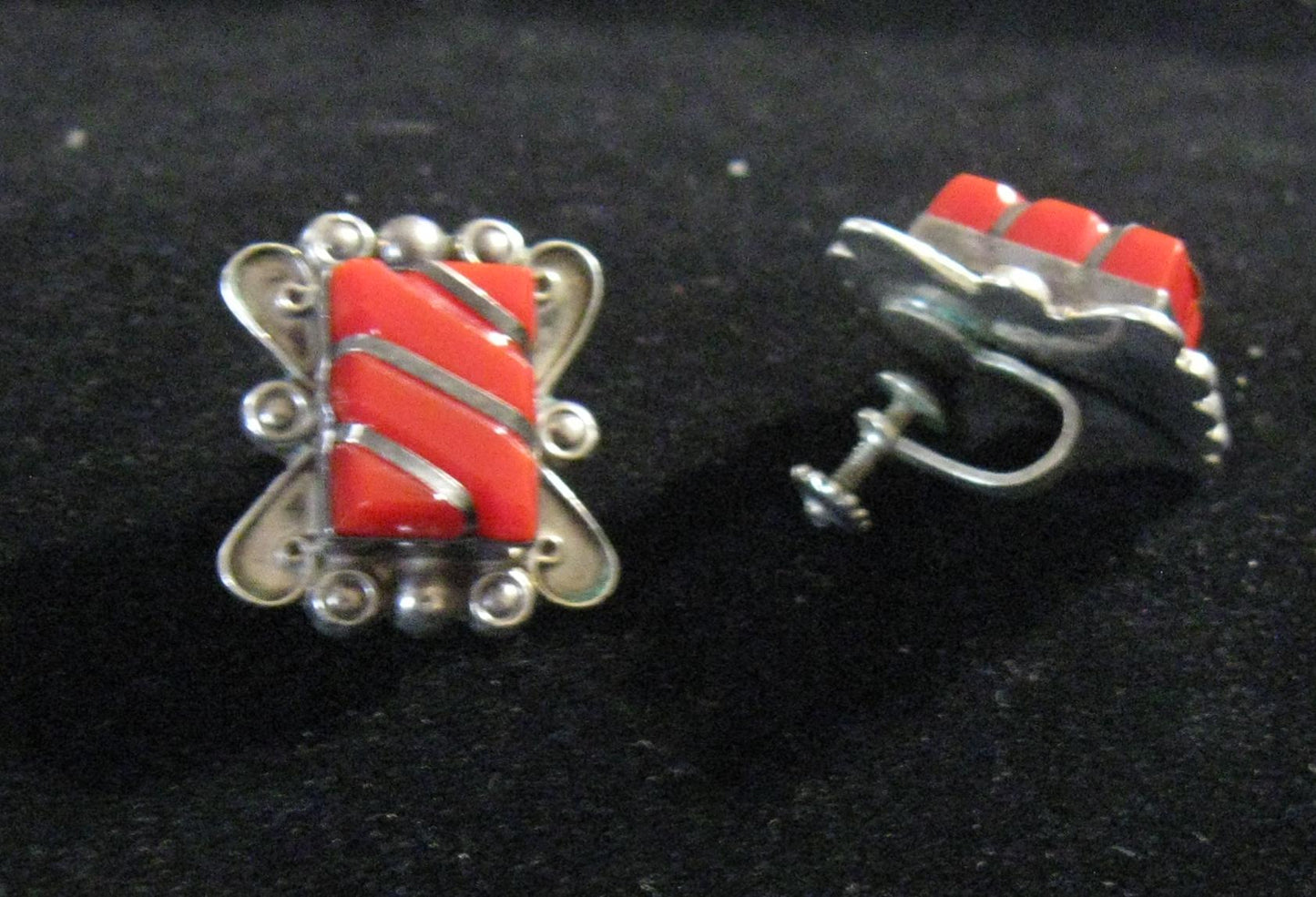 1940's Red Coral & Silver Earrings