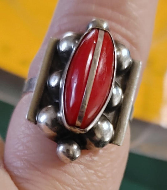 1940's Red Coral and Silver Ring