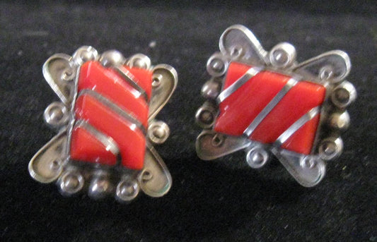 1940's Red Coral & Silver Earrings